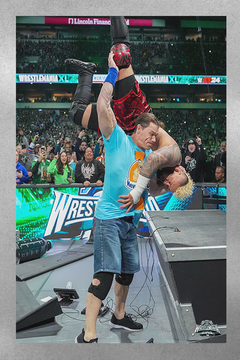 WWE Wrestlemania 40 John Cena and Solo Sikoa Attitude Adjustment through the announce table Gloss Poster | Premium Wrestlemania 40 Collectible Art | Exclusive Wrestling Decor for Fans