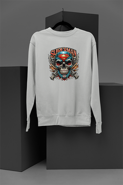 "Superman-Inspired Cartoon Tattoo Style Skull Sweatshirt | DC Comics Fan Apparel | Unique Super