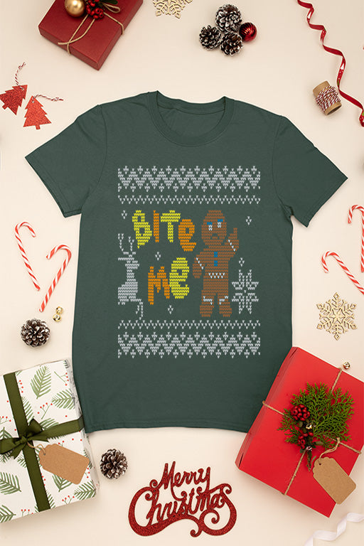 KIDS UGLY: Bite Me Gingerbread Ugly Christmas T-shirt | Kids Christmas Ugly