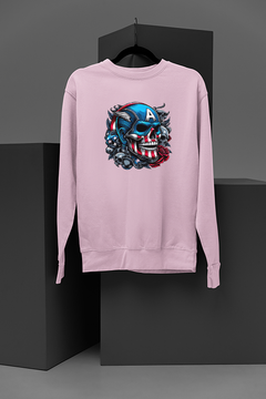 "Marvel-Inspired Captain America Skull and Rose Sweatshirt | Superhero Fashion | Metallic Graphic | Comic Book Style | Hip and Edgy Design"