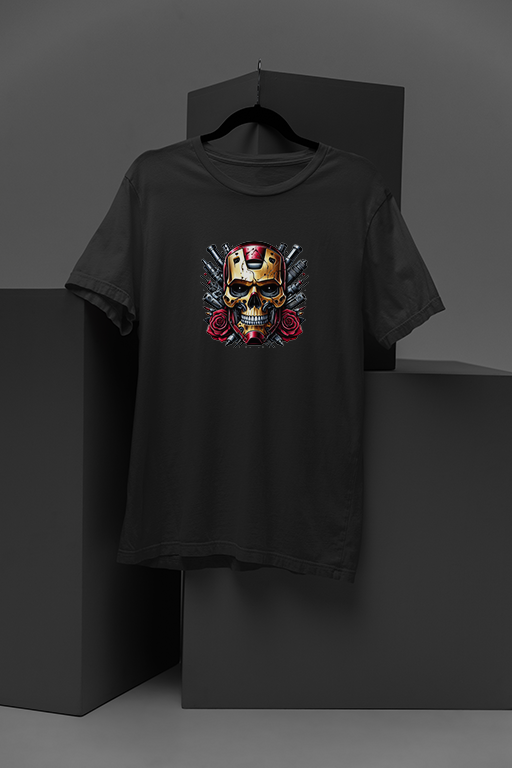 Stunning Iron Man-Inspired Skull Mask T-Shirt | Marvel Comics Tee | Metallic Hero Design | Red Roses Graphic Shirt