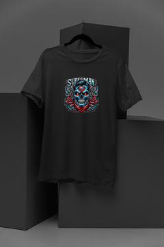 "Superhero Skull Blossom T-Shirt | DC Comics Inspired Tee | Superman Skull Shirt | Edgy Red Roses Design | Trendy Graphic Tee | Hip Comic Book Clothing"