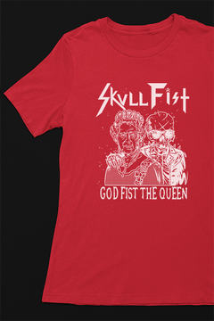 Skull Fist God Fist The Queen | Band Tee | Vintage 80s Rock | Retro Metal Graphic | Edgy Skull Design | Iconic Rock Band Tribute | Music Merchandise | Classic Rock Era | Distressed Band Shirt | Limited Edition Grunge Tee | Collector's Item