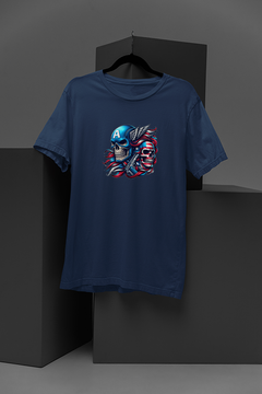 "Marvel-inspired Super Soldier Metallic Skull T-shirt | High-Flying Captain America Graphic Design | Cool Comic Book Tee for Fans"