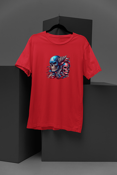 "Marvel-inspired Super Soldier Metallic Skull T-shirt | High-Flying Captain America Graphic Design | Cool Comic Book Tee for Fans"