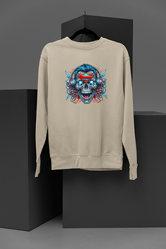 "Superman Metalic Skull With Headphones Sweatshirt | DC Comics Inspired | Edgy Streetwear Fun | Hip Hop Vibes | Unique Urban Style"