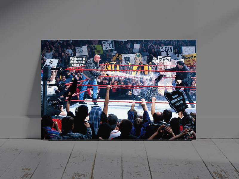 WWE Attitude Era Austin Sprays Beer Gloss Poster | Iconic WWE Attitude Era Design | Bold Wrestling Art Piece | Vintage Wrestling Decor | Must-Have for WWE Fans