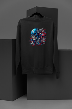 "Ultimate Marvel Vibes Sweatshirt | Captain America Skull Graphic | High-Flying Style | Comic-Inspired Fashion | Metallic Edge"