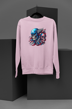 "Marvel-Inspired Captain America Metallic Skull Sweatshirt | Trendy Graphic Tee for Comic Book Fans | Superhero Style Statement | Unique Design for Pop Culture Enthusiasts"