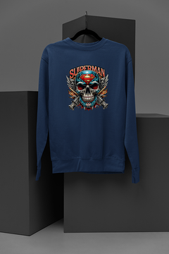 "Superman-Inspired Cartoon Tattoo Style Skull Sweatshirt | DC Comics Fan Apparel | Unique Super