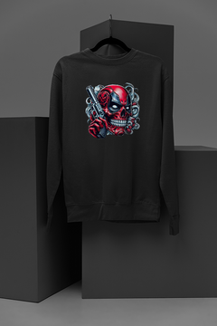 "Merc with a Bang Sweatshirt | Deadpool Skull Graphic with Gun and Smoke Design | Marvel Comics Inspired | Urban Streetwear"