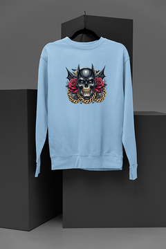 "Urban Gotham Rebel Sweatshirt | DC Comics Inspired Batman Skull Design with Gold Chains and Red Roses | Edgy Streetwear for Comic Fans"