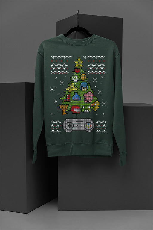 UGLY Nintendo Christmas Tree | Retro Mario Holiday Sweatshirt | Vintage Gamer Xmas Top