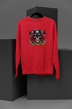 "Urban Gotham Rebel Sweatshirt | DC Comics Inspired Batman Skull Design with Gold Chains and Red Roses | Edgy Streetwear for Comic Fans"