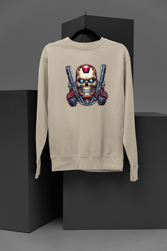 "Legendary Marvel-Inspired Iron Man Skull Sweatshirt | Superhero Fan Apparel | Edgy Design with Metallic Finish and Gun Details"