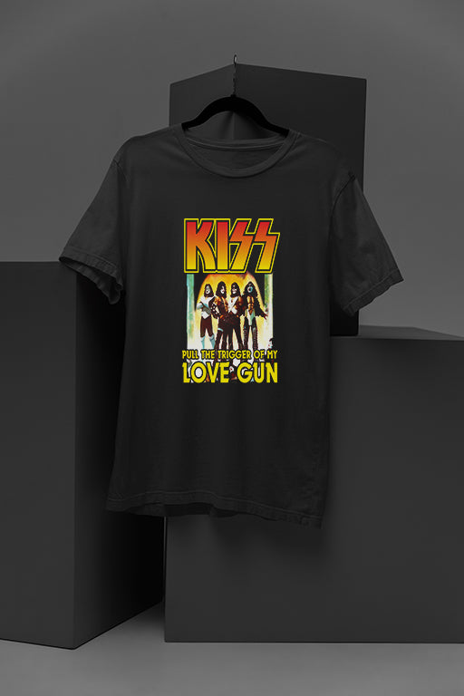 Kiss Pull The Trigger Of My Love Gun | Band Tee featuring iconic design from the era of Kiss's peak success | Rock Band T-shirt inspired by Kiss Pull The Trigger Of My Love Gun | Vintage Kiss Pull The Trigger Of My Love Gun-Insp