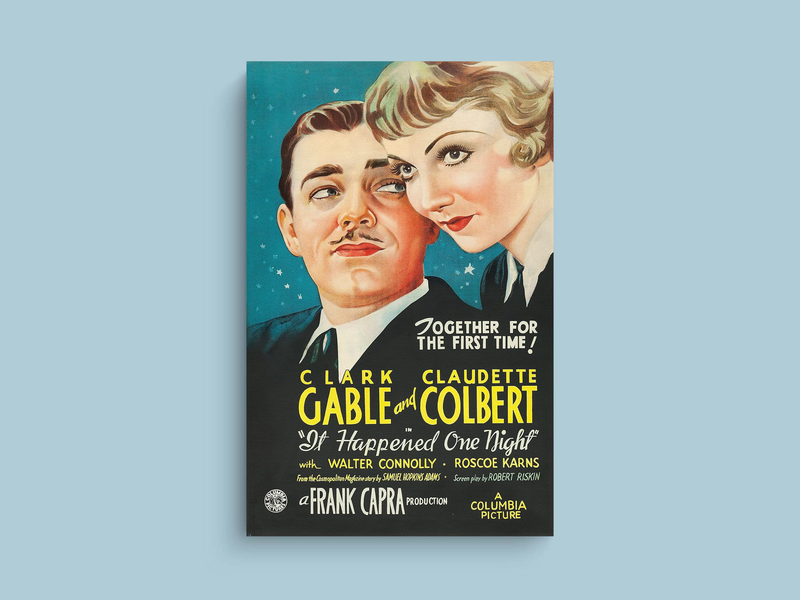 It Happened One Night Canvas Print | Classic Film | Vintage Design | Clark Gable & Claudette Colbert Art | Retro Movie Poster Art deco Wall Decor