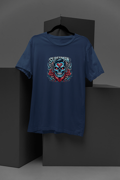 "Superhero Skull Blossom T-Shirt | DC Comics Inspired Tee | Superman Skull Shirt | Edgy Red Roses Design | Trendy Graphic Tee | Hip Comic Book Clothing"