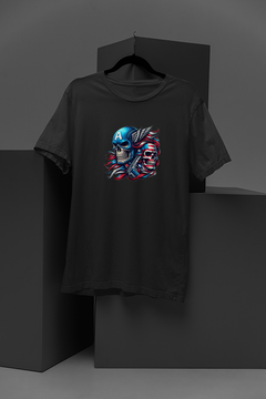 "Marvel-inspired Super Soldier Metallic Skull T-shirt | High-Flying Captain America Graphic Design | Cool Comic Book Tee for Fans"