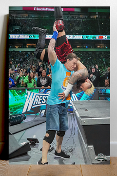 WWE Wrestlemania 40 John Cena and Solo Sikoa Attitude Adjustment through the announce table Gloss Poster | Premium Wrestlemania 40 Collectible Art | Exclusive Wrestling Decor for Fans