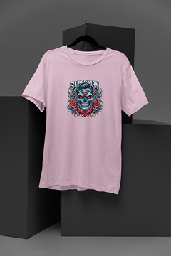 "Superhero Skull Blossom T-Shirt | DC Comics Inspired Tee | Superman Skull Shirt | Edgy Red Roses Design | Trendy Graphic Tee | Hip Comic Book Clothing"