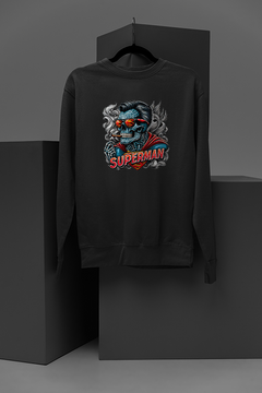 "Mystical Skull Smoking Superman Design Sweatshirt | DC Comics Inspired Apparel | Unique Superman They Live Inspired Clothing | Edgy Graphic Sweatshirt for Superhero Fans"