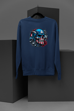 "Marvel-Inspired Captain America Skull and Rose Sweatshirt | Superhero Fashion | Metallic Graphic | Comic Book Style | Hip and Edgy Design"