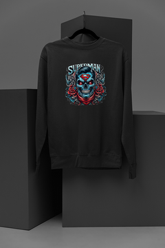 "Superhero Skull & Roses Sweatshirt | DC Comics Inspired Top | Red Rose Superman Design | Hipster Graphic Tee"