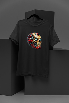 "Marvel-inspired Iron Man Metalic Skull Tee | Comic Book Hero Design | Superhero Fan Apparel | Edgy Graphic Shirt with Metallic Mask | Trendy Comic Con Merch"