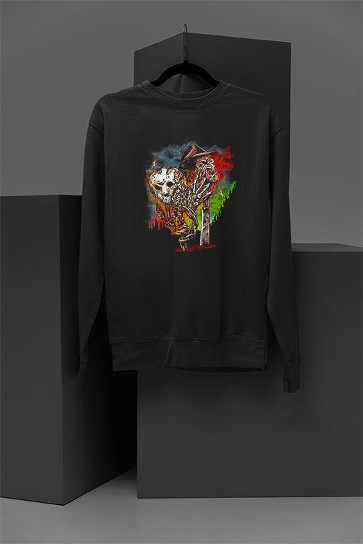 Horror Freddie and Jason Cozy Pullover Sweatshirt | Classic Horror Film Fan Apparel | Warm Halloween Sweater