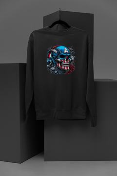 "Marvel-Inspired Captain America Skull and Rose Sweatshirt | Superhero Fashion | Metallic Graphic | Comic Book Style | Hip and Edgy Design"